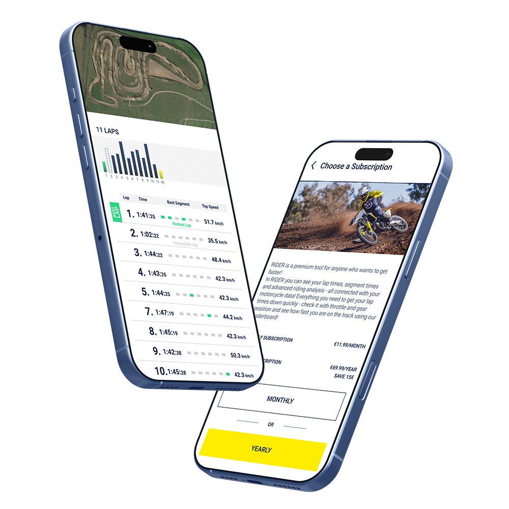 Dos smartphones mostrando la Husqvarna Motorcycle App con tiempos de vuelta y estadísticas.